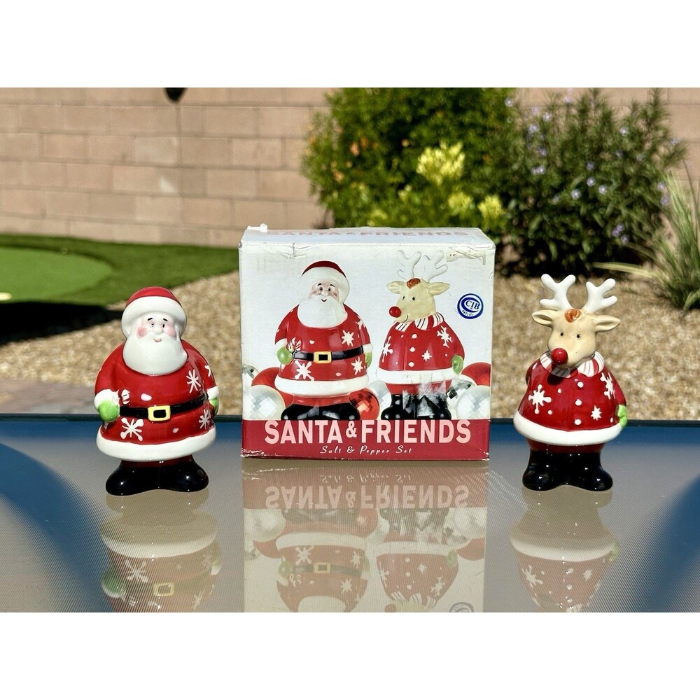Vintage Ceramic Christmas Santa and Reindeer Salt and Pepper Shaker Set New Box